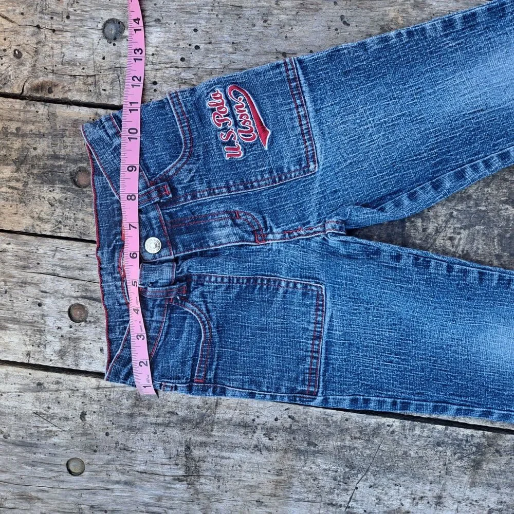 US Polo Assn Girls Y2k Denim Blue Red Logo Flare Jeans Size 6 Small 2000's